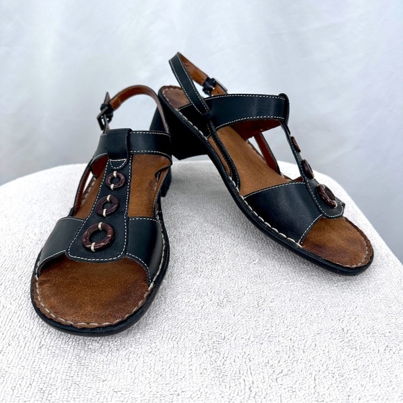 Naturalizer Gisela Leather Sandals 9.5M Black Adjustable Buckle Strap Wedge Heel - Picture 1 of 8